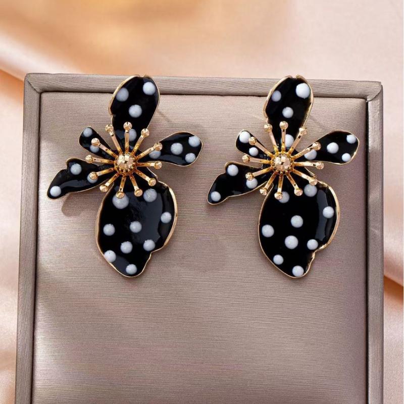 Black Flower Shaped Dangle Earrings White Faux Pearl Polka Dot Gold Tone Details For Parties Dates Daily Wear