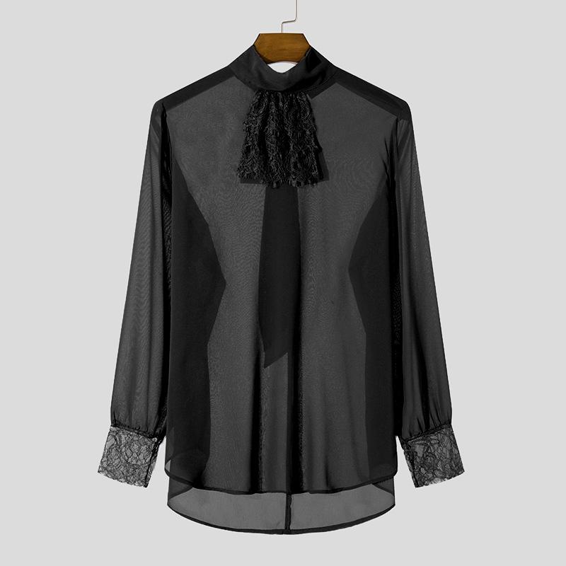 

INCERUN Men Lace Ruffled Neck Long Sleeve See Through Shirts Tops M чорний