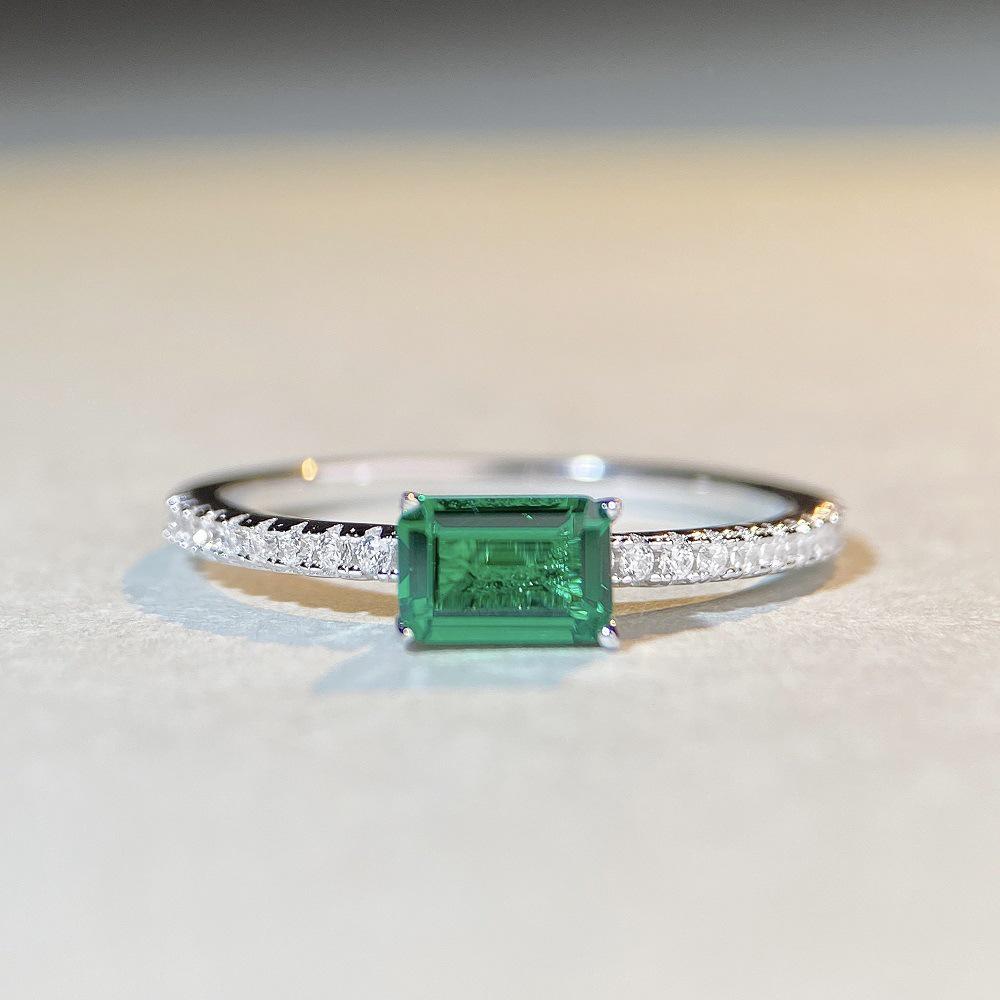 S925 Sterling Silver Emerald & Diamond Ring for Women - Simple, High-End Square Design