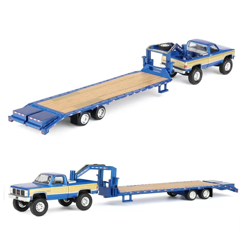 Greenlight 1/64 1987 GMC K2500 PICK UP TRUCK W/GOOSENECK FLATBED TRAILER (BLUE)