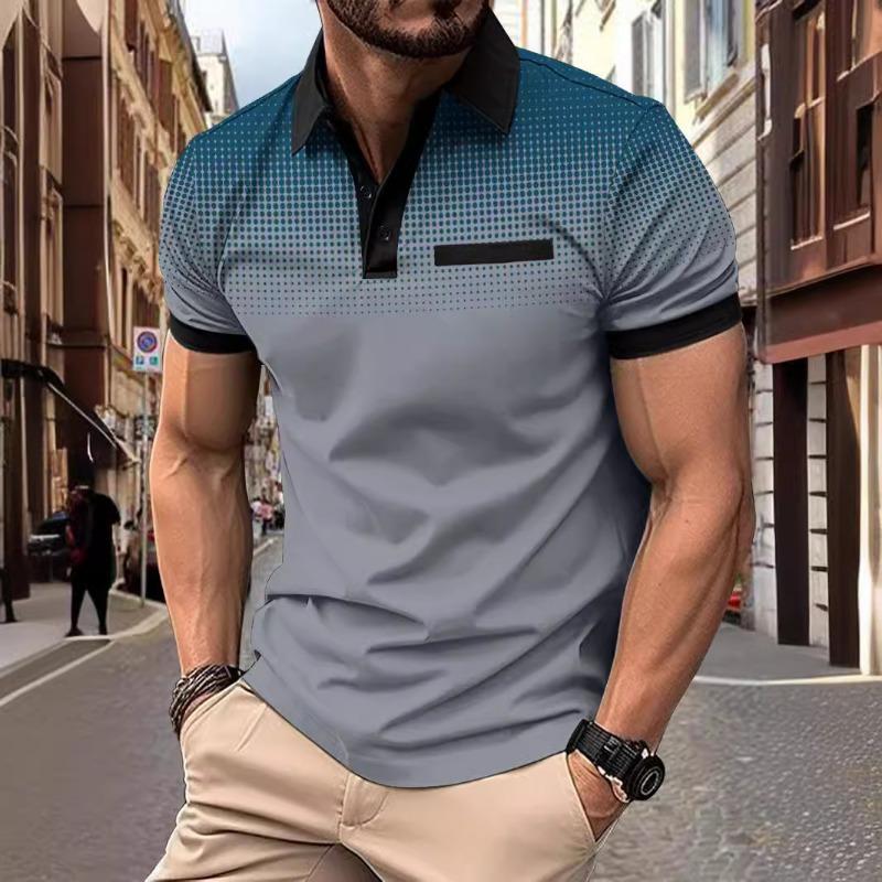 Men Gradient Dot Short Sleeve Button Polo Shirt Casual Sports Mens Top