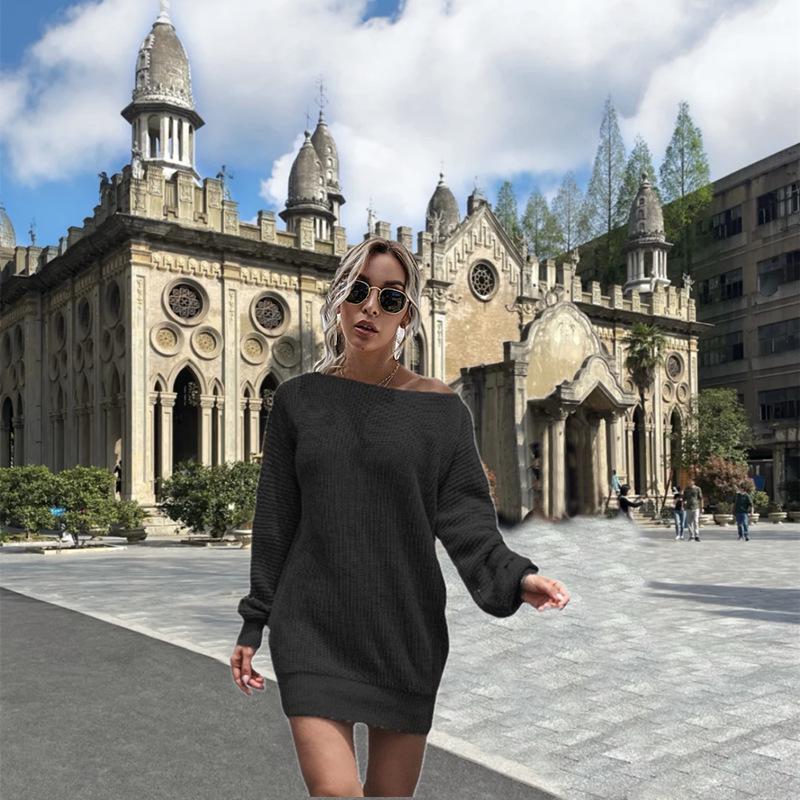 Damen Schulterfreies Strickkleid mit Laternenärmeln, Herbst/Winter 2020 Kollektion - Europäischer und Amerikanischer Lässiger Stil