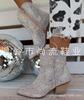Pointed Toe Short Boots Women Champagne Silver Wide Calf Embroidered Sequin Hot Diamond Block Heel Pull-On Cowgirl Booties Shoes