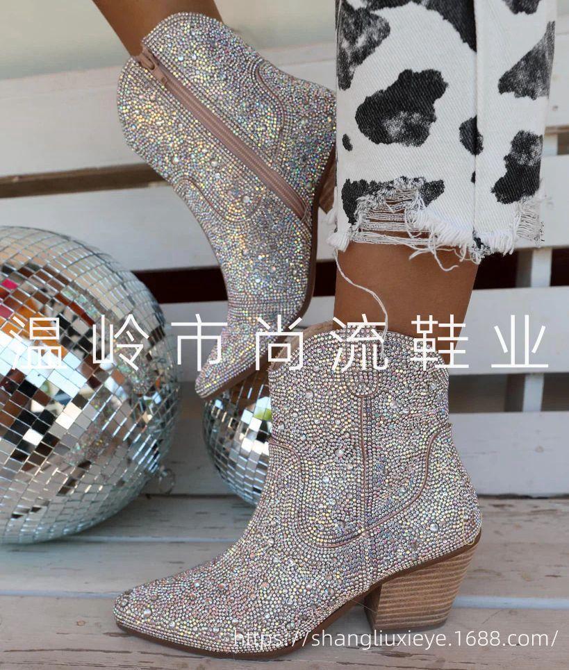 Pointed Toe Short Boots Women Champagne Silver Wide Calf Embroidered Sequin Hot Diamond Block Heel Pull-On Cowgirl Booties Shoes