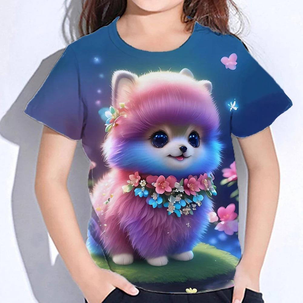Summer Round Neck 3D Cute Cat Printed Top Fashionable Casual Short Sleeved Children's Girl T-shirts