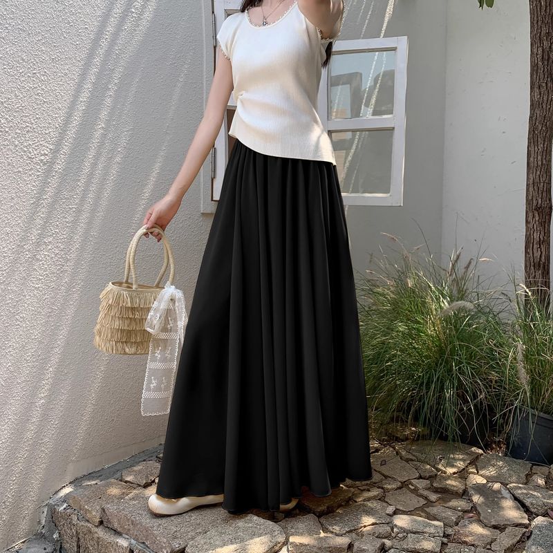 

Plus size Chubby Girl Chiffon Skirt Women s Summer High Waist Slimming Elegant All-Match Drape Big Hemline Gauze Skirt A- Line Skirt 300 Black(Elastic Waistband with Lining) L(50-57.5kg)
