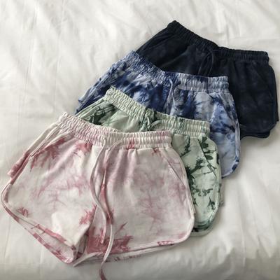 Pantalones cortos deportivos de cintura alta con cordón elástico para mujer, con estampado tie-dye, pierna ancha, estilo regular y versátil para correr.