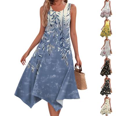 Women's Casual Fashion Round Neck Sleeveless Floral Print Irregular Hem Midi Dress