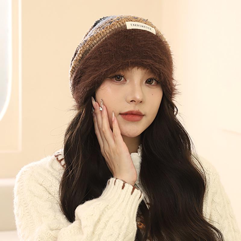 

Цветной блок, шапка-бини с отворотом для женщин - Уютное осенне-зимнее тепло, большой размер, эффект маленького лица, плюшевая послеродовая шапка One Size коричневый