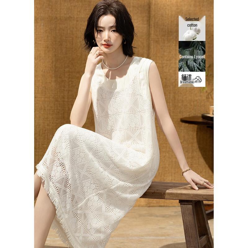 Demana Elegant Lyocell Cloud Cotton Lace Crochet Sleeveless Dress S