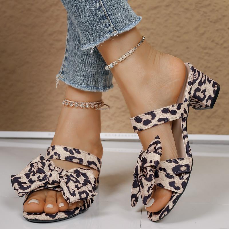 Women's Square Head Shallow Mouth Leopard Print Suede Butterfly Knot Anti-slip Wear-resistant High Heels