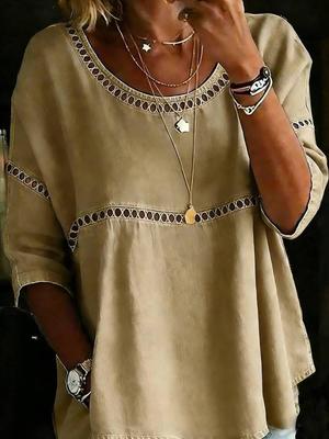 2026 Spring/Summer Casual Faux Denim Hollow Round Neck Top