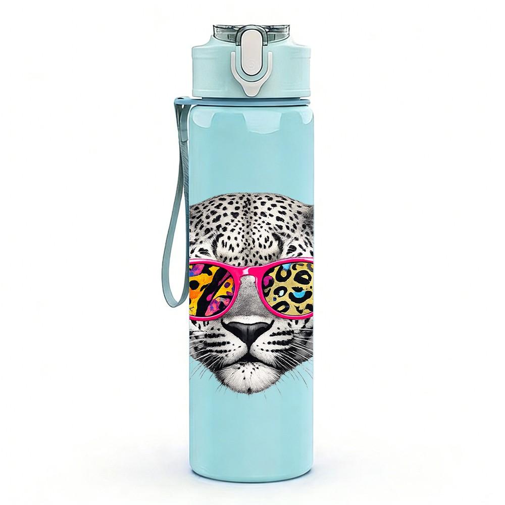 1PC Fashion Sunglasses Leopard Cat Print 750ml Color Plastic Sports Water Bottle Leakproof Flip Straw Lid Suitable for Sports Office Home Use