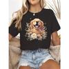 Women's Black Golden Retriever T-Shirt with Golden Retriever Face & Floral Print - Soft Round Neck Short Sleeve Casual Summer Top