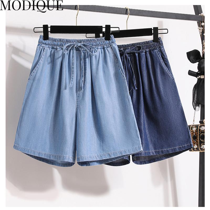 MODIQUE Women's Denim Shorts Summer Plus Size New Loose Casual Solid Color A-Line Denim Short Pant Female High Waisted Hotsweet Blue Trousers Blue