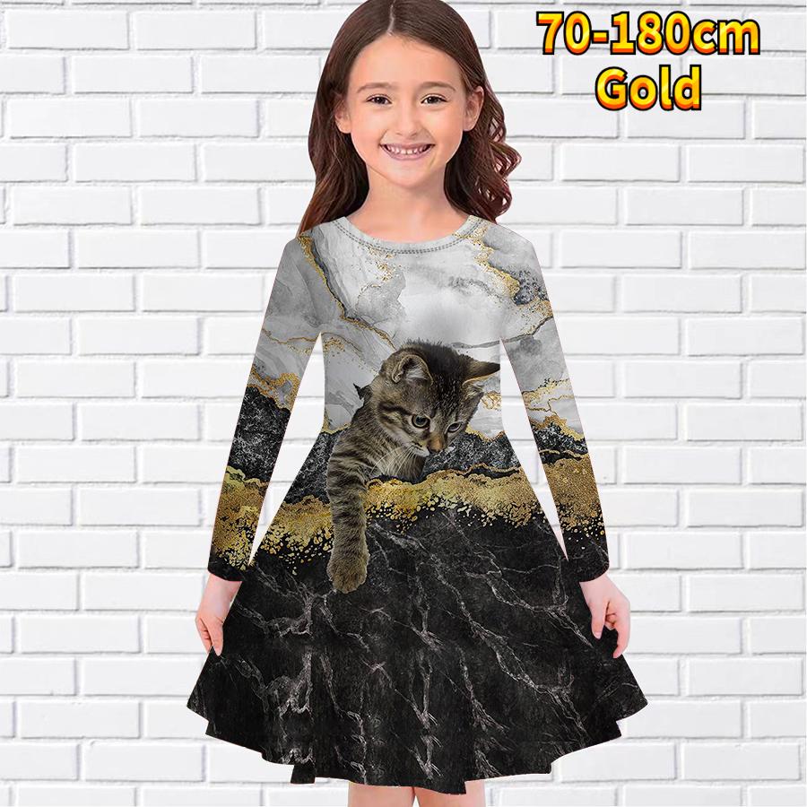 Girl Casual The Cat In the Grass Print Round Neck Long Sleeve Dress Kid Princess Dress