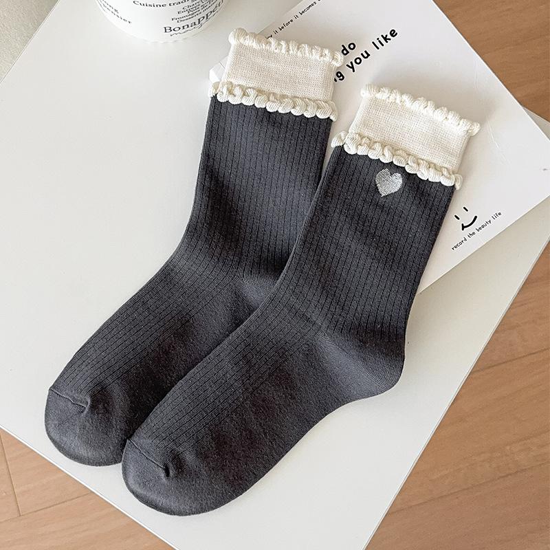 

Весенние и осенние женские носки до середины икры, милые кружевные носки, белые японские носки в стиле Лолиты One size серый