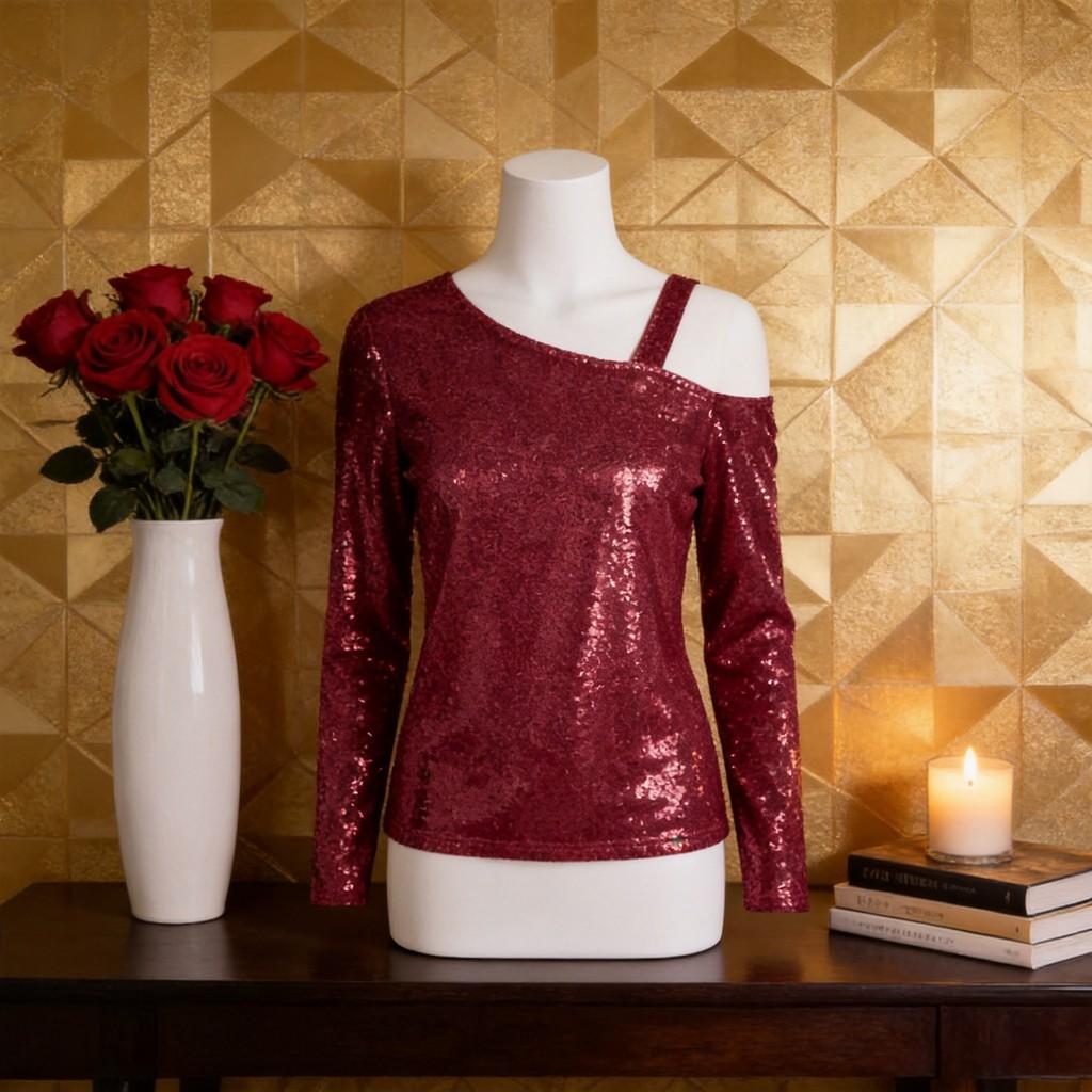 Polyester Long Sleeve T Shirt With Sequin Round Neck For Casual Women