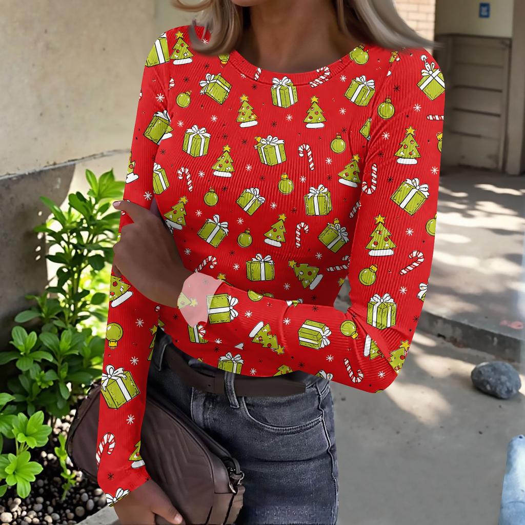 Women's Slim Fit Long Sleeve Base Layer T-Shirt with Christmas Print, Round Neck Pullover Top