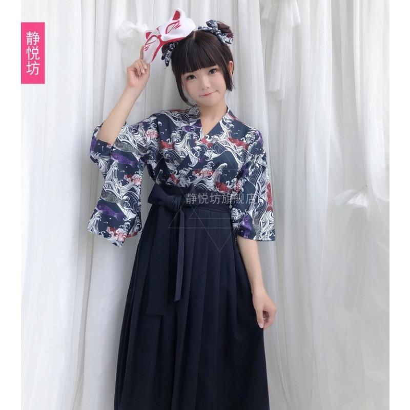 Yayaha handle carp flag and style print improvement and clothing top pleated skirt long skirt yukata kimono