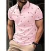 Men Fashion Flamingo Print Turn Down Collar Short Sleeve Casual Polo Shirt