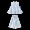 Girls' New Chinese Style Blue Sleeveless Vest & Pants Set