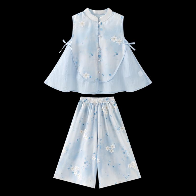 Girls' New Chinese Style Blue Sleeveless Vest & Pants Set