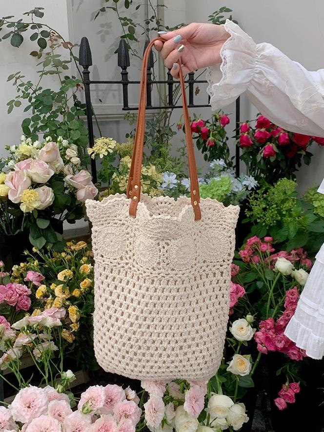 Плетеная женская вязаная сумка через плечо с вырезами, летняя женская сумка-тоут, пляжная сумка, женская сумка большого объема бежевый