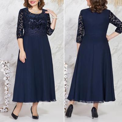 O-Ausschnitt, halbe Ärmel, Taille, eng, hohe Taille, A-Linie, Abendkleid, Stickerei, Spitze, Chiffon, fließender Saum, Patchwork, Übergröße, langes Kleid, Damenbekleidung