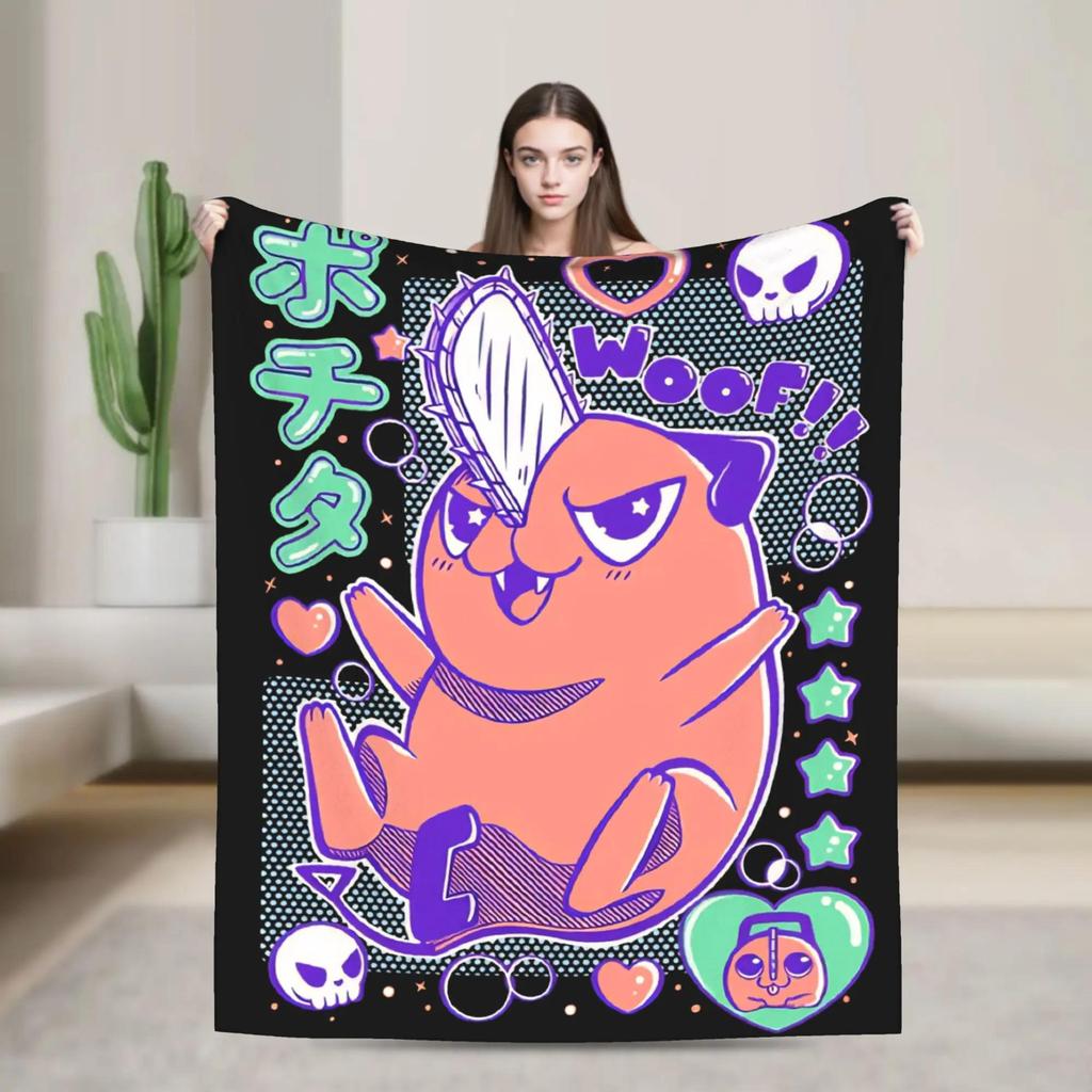 Soft Warm Blanket for Students Denji and Pochita Chainsaw Man Design Flannel Throw Blanket for Sofa Bed Chair Cover