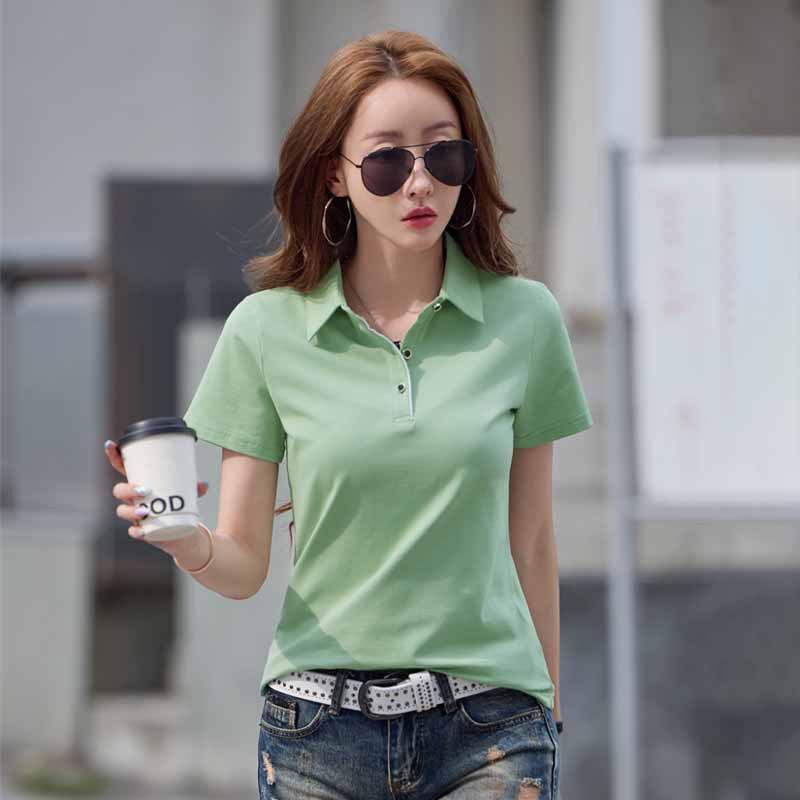 

Новая футболка из чистого хлопка с короткими рукавами для женщин с воротниками, летняя спортивная одежда, повседневный топ с короткими рукавами и лацканами L зелёный