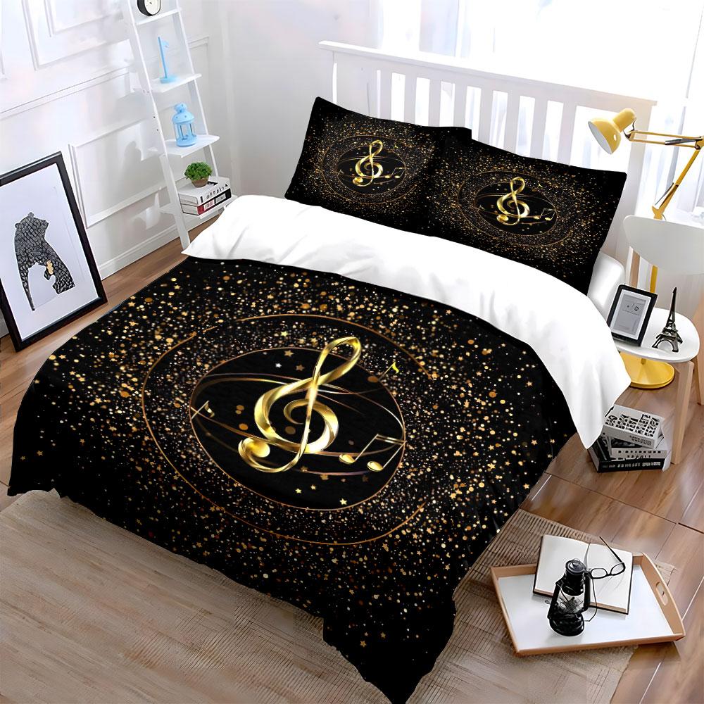 3-teiliges goldenes Violinschlüssel-Glitzerstern-Bettwäsche-Set Schwarz Musiknoten-Bettwäsche Enthält 1 Bettbezug und 2 Kissenbezüge Geschenk