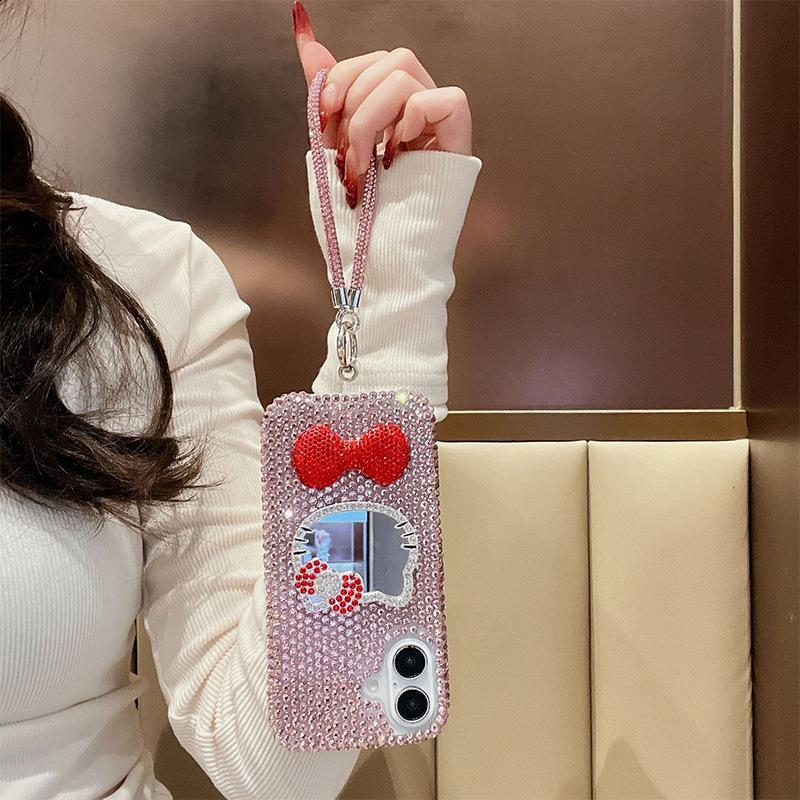 Rhinestone Kt Cat Mirror Premium Sense Mobile Phone Case for Iphone16Promax Bow Tie Apple 17 Lanyard Women's Model