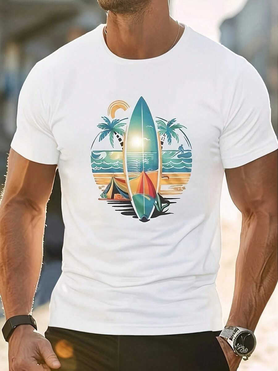 

Unisex s Fashion Casual Surfboard Print Crew Neck Short Sleeve Polyester T-Shirt, Summer New Style Sports Top L
