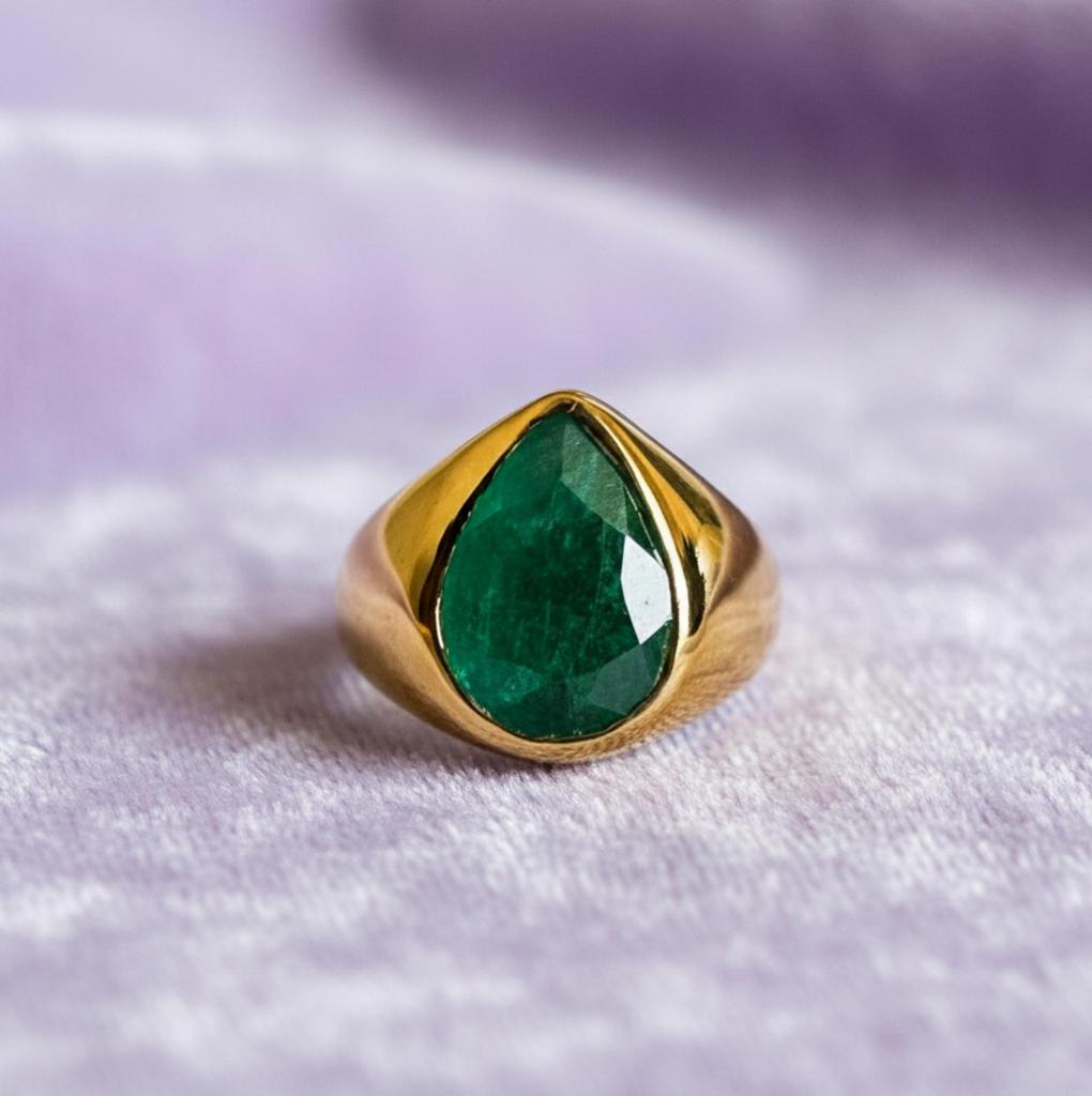 Natural Green Emerald Ring, 925 Sterling Silver Ring, 22k Gold Fill, Mens Signet Ring, Emerald Cut Pear Gemstone Ring