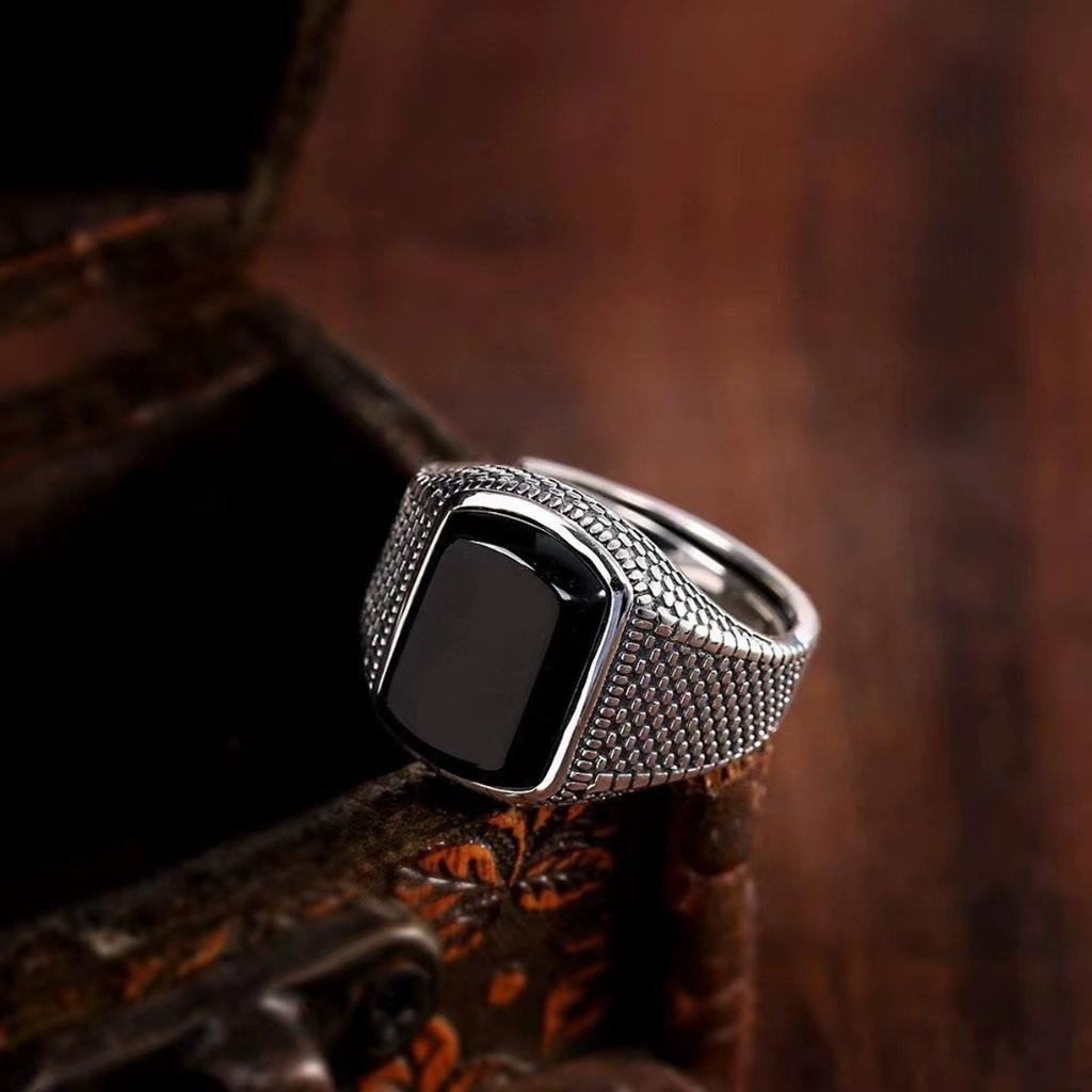 Vintage Faux-Onyx-Ringe für Herren Temperament Edelstahl Verstellbarer Offener Breiter Ring Silberfarben Punk-Schmuck Geschenke
