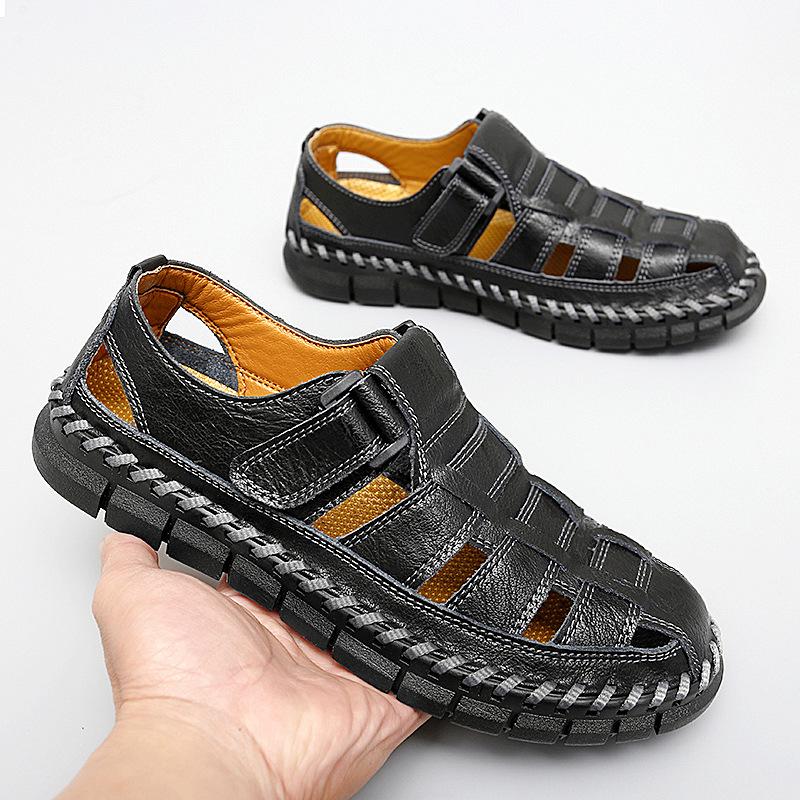 2024 Men's Genuine Leather Closed-Toe Sandals - Large Size Perforated Outdoor Beach Shoes for Middle-Aged Dads