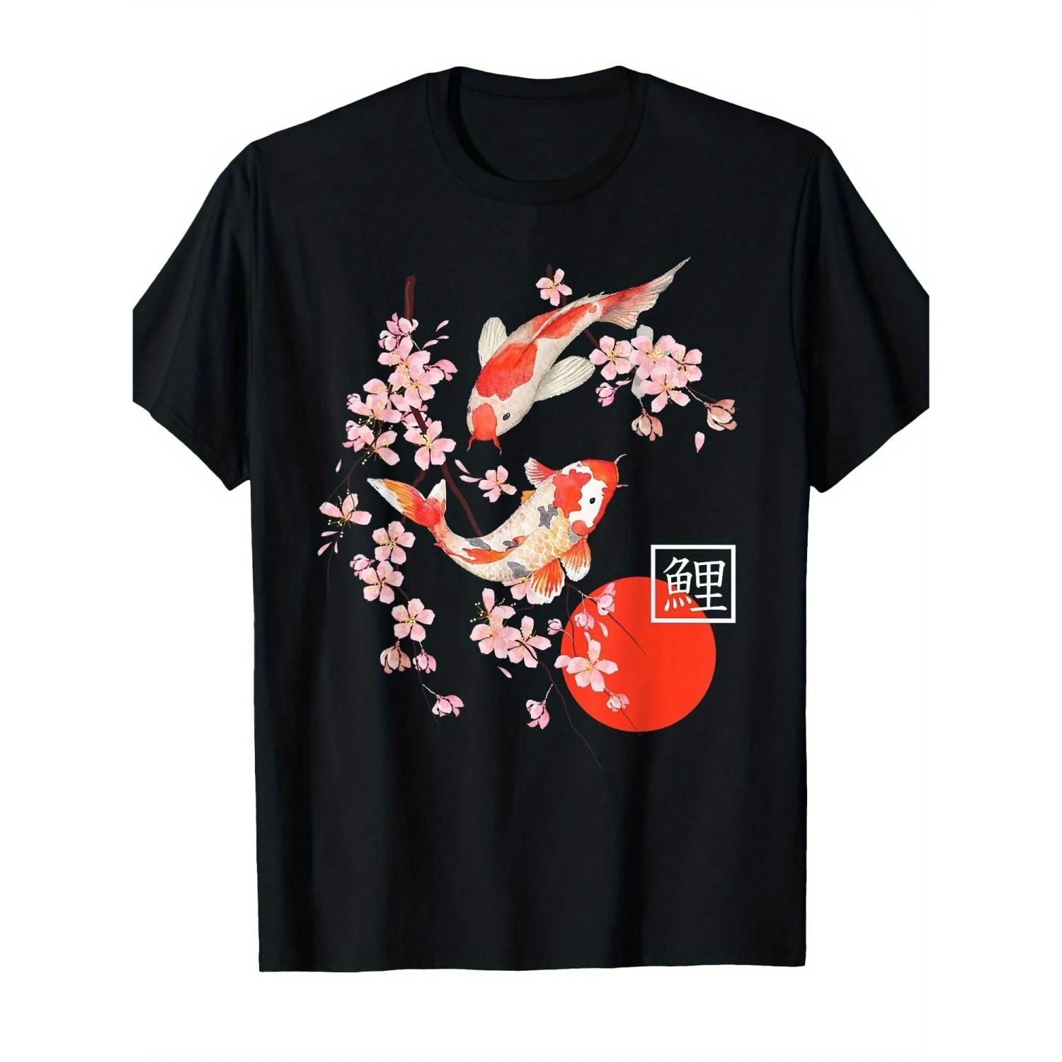 Koi Fish Cherry Blossom Japanese Graphic Tee Soft Crew Neck T-Shirt for Men Trip S чёрный