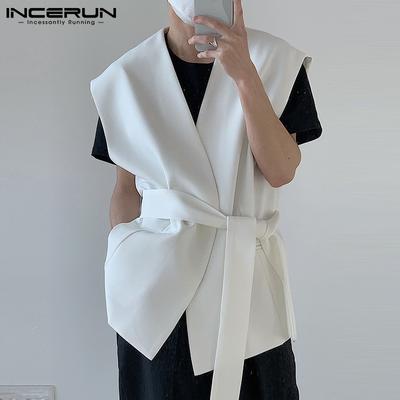 Men Fashion Sleeveless Waistcoat Tops With Belt Open Front Cardigan Solid Color Vest Blouse