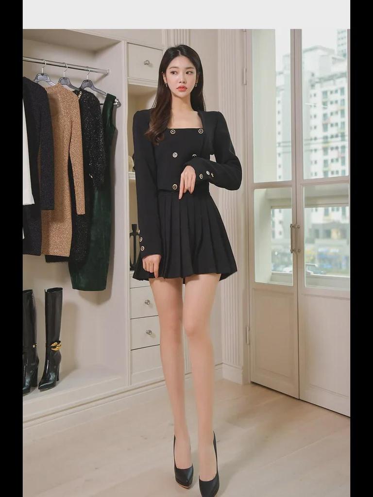 2023 Autumn Korean Style Women's Fashion: Double-Breasted Jacket and Pleated Skirt Two-Piece Suit