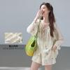 French Vacation Style Lyocell Sun Protection Embroidered Long-Sleeved Shirt and Elastic Waist Lined Shorts Two-Piece Set for Summer