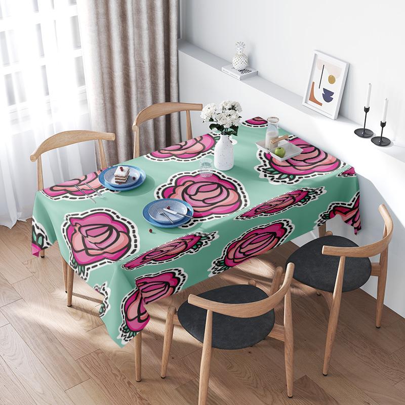 Vibrant Floral Print Tablecloth Rectangular Placemats for Home Decoration Green Pink Roses Design Waterproof Fabric Material Eas