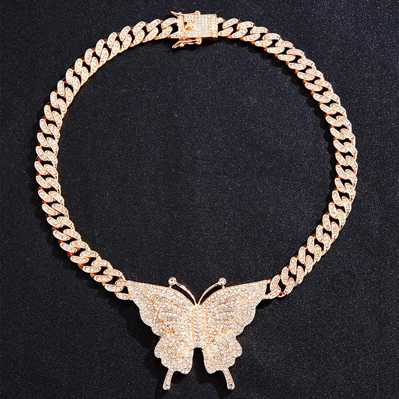 European American Hip Hop Cuban Chain Butterfly Necklace with Diamonds - Women's Trendy Style
