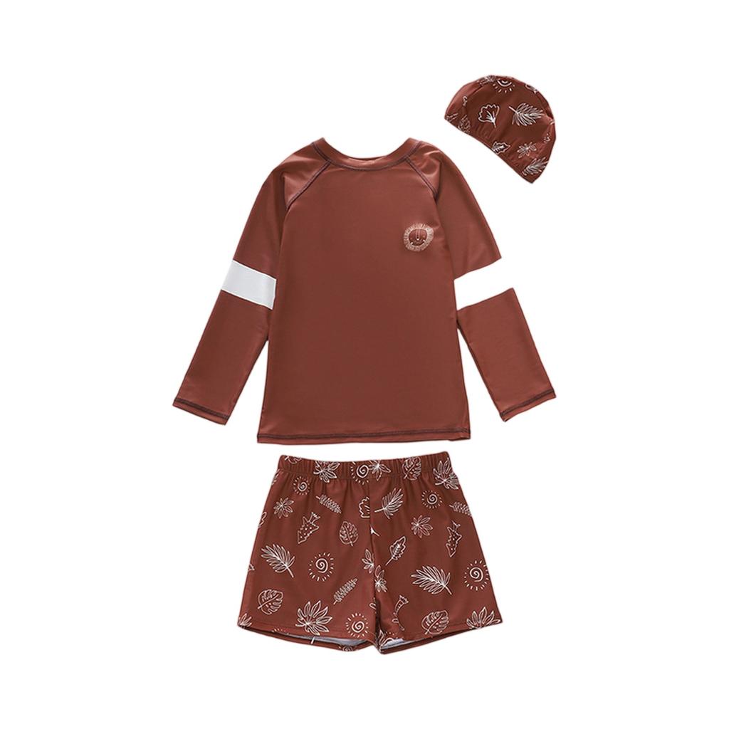 Boys Three Piece Swimwear Set Long Sleeve Rash Guard Swim Shirt Swim Shorts and Swim Cap Cartoon Print Lightweight Quick Dry