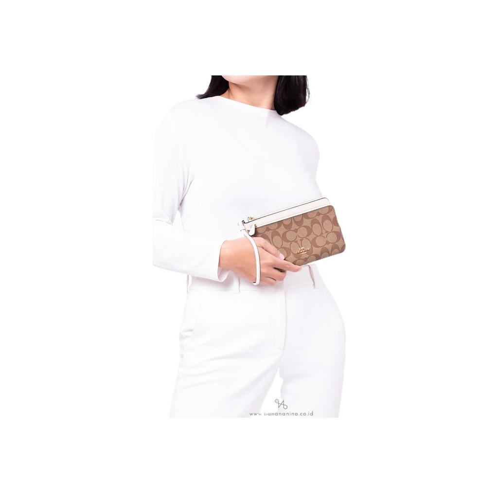 New COACH Double Zip Wallet Leather Card Holder, Clutch Wallet Medium Size Women's Saddles Brown Monogram & White C5576-IMDJ8