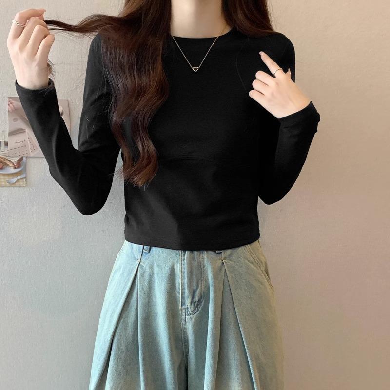 Right Shoulder Round Neck Long Sleeve T-shirt Autumn and Winter Solid Color Versatile Bottoming Layer