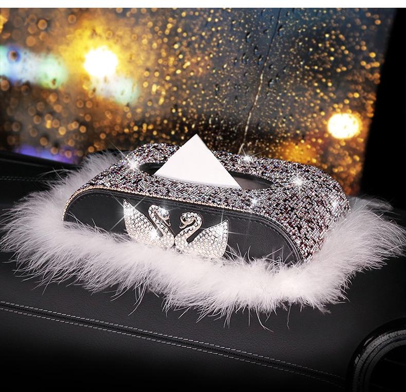 Swan Cartoon Car Tissue Box with Diamond Accents - Creative Cute Design