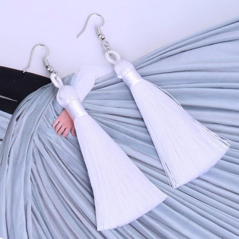 Women Tassel Earrings Bohemian Cotton Thread Cords Brush Drop Dangle Earrings Handmade Silk Fabric Long Hanging Earrings Zircon