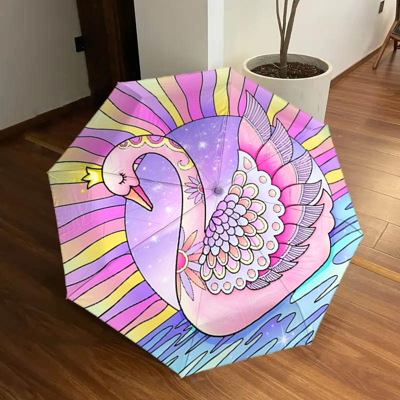 

Magical Swan Auto-Folding Umbrella: Rainbow Fantasy Design, Portable 3-Fold Structure with Iron Frame, Perfect for Festivals, Travelers, Dai