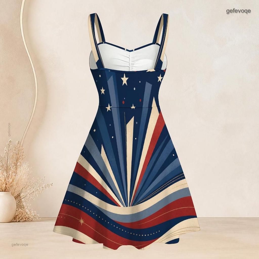 Women Plus Size Spaghetti Strap Off Shoulder Dress Glitter Wave Star Firework Holiday Print Swing Dress